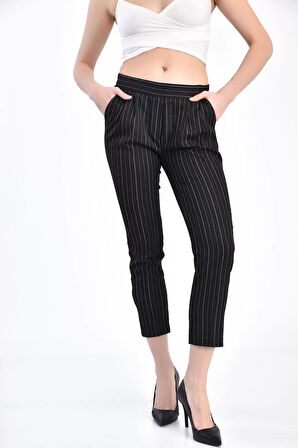 Belden Lastikli Bilek Çizgili Siyah Kadın Pantolon