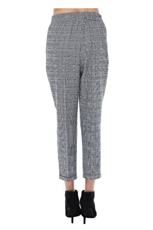 Belden Lastikli Gri Ekose Bilek Kadın Pantolon