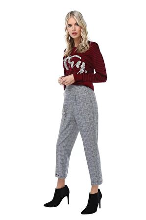Belden Lastikli Gri Ekose Bilek Kadın Pantolon