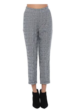 Belden Lastikli Gri Ekose Bilek Kadın Pantolon