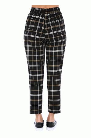 Belden Lastikli Siyah Çizgili Ekose Bilek Kadın Pantolon