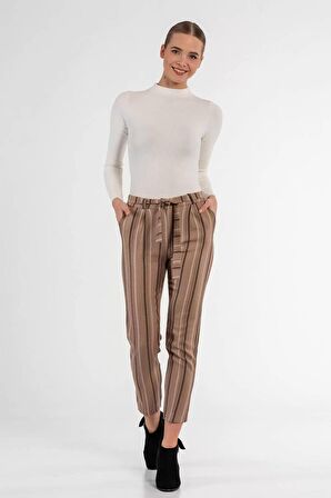 Kuşaklı Çizgili Bej Bilek Kadın Pantolon