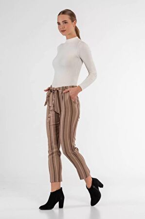 Kuşaklı Çizgili Bej Bilek Kadın Pantolon