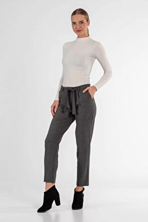 Kuşaklı Çizgili Füme Bilek Kadın Pantolon