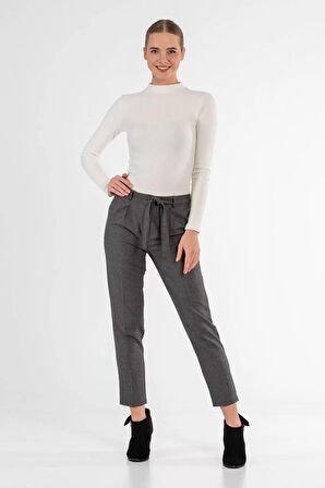 Kuşaklı Çizgili Füme Bilek Kadın Pantolon