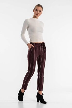 Kuşaklı Çizgili Gül Kurusu Bilek Kadın Pantolon