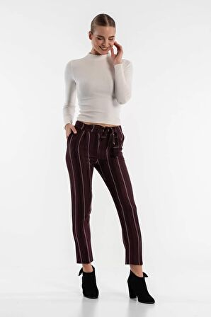 Kuşaklı Çizgili Gül Kurusu Bilek Kadın Pantolon