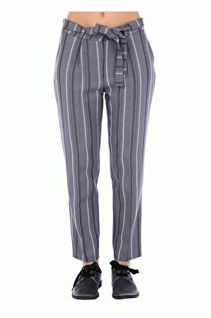 Kuşaklı Gri Çizgili Bilek Kadın Pantolon