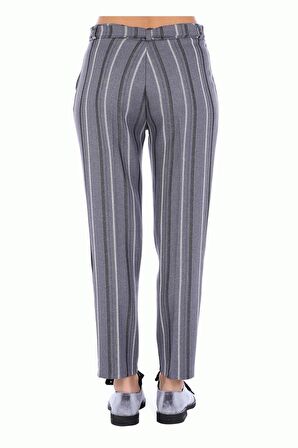 Kuşaklı Gri Çizgili Bilek Kadın Pantolon