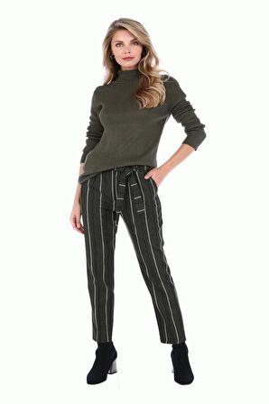 Kuşaklı Haki Çizgili Bilek Kadın Pantolon