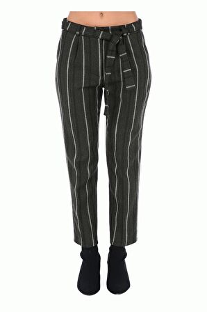 Kuşaklı Haki Çizgili Bilek Kadın Pantolon