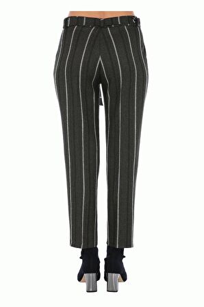 Kuşaklı Haki Çizgili Bilek Kadın Pantolon