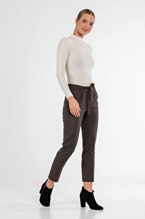 Kuşaklı Kuş Gözü Kahve Bilek Kadın Pantolon