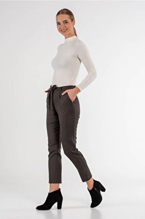 Kuşaklı Kuş Gözü Kahve Bilek Kadın Pantolon