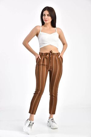 Kuşaklı Kiremit Çizgili Bilek Kadın Pantolon