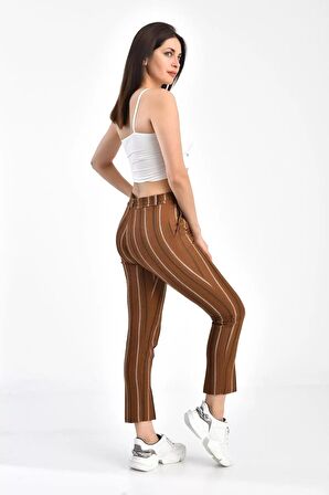 Kuşaklı Kiremit Çizgili Bilek Kadın Pantolon