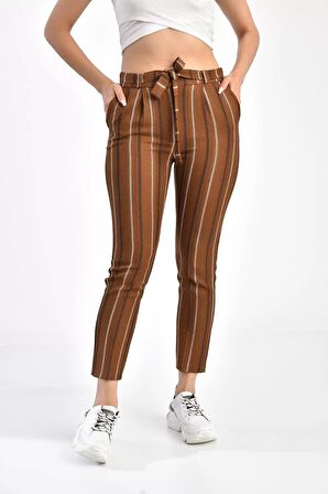 Kuşaklı Kiremit Çizgili Bilek Kadın Pantolon