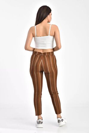 Kuşaklı Kiremit Çizgili Bilek Kadın Pantolon