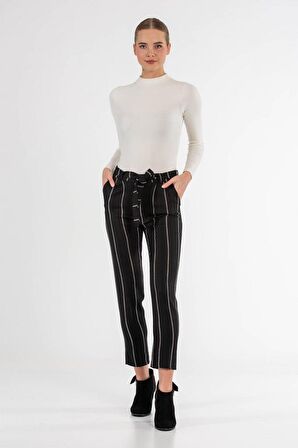 Kuşaklı Çizgili Siyah Bilek Kadın Pantolon