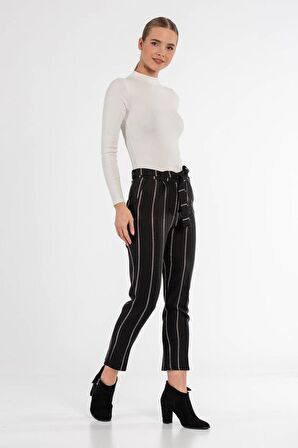 Kuşaklı Çizgili Siyah Bilek Kadın Pantolon