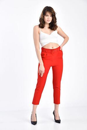 Kemerli Kırmızı Bilek Kadın Pantolon
