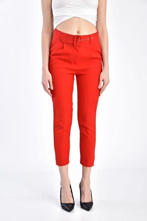 Kemerli Kırmızı Bilek Kadın Pantolon