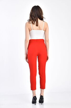 Kemerli Kırmızı Bilek Kadın Pantolon