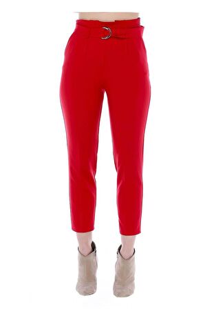Yüksek Bel Tokalı Kırmızı Bilek Kadın Pantolon