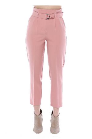 Yüksek Bel Tokalı Pudra Bilek Kadın Pantolon