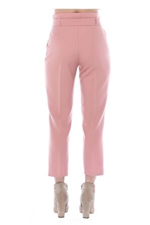 Yüksek Bel Tokalı Pudra Bilek Kadın Pantolon