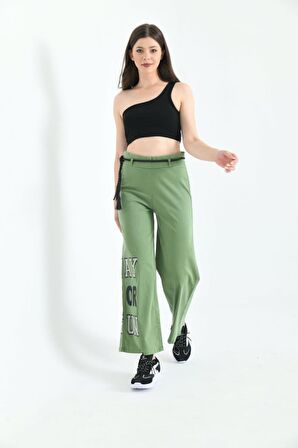 Taş İşlemeli Geniş Paçalı ve Deri Kemerli Yeşil Kadın Pantolon