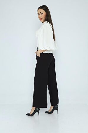 Geniş Paça Kemerli Siyah Kadın Pantolon
