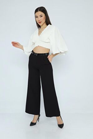 Geniş Paça Kemerli Siyah Kadın Pantolon