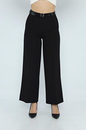 Geniş Paça Kemerli Siyah Kadın Pantolon