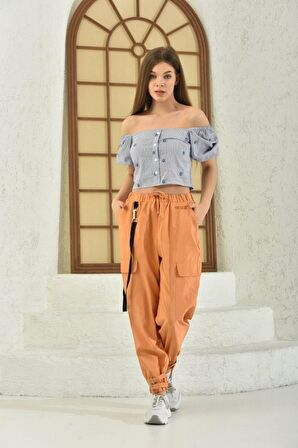 Belden Lastikli Cepli ve Bağcıklı Turuncu Kadın Kargo Pantolon