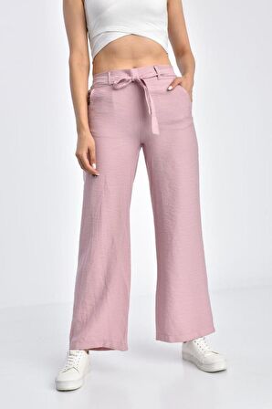 Belden Lastikli Kuşaklı Bol Paça Pudra Keten Kadın Pantolon
