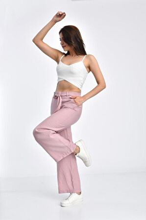 Belden Lastikli Kuşaklı Bol Paça Pudra Keten Kadın Pantolon