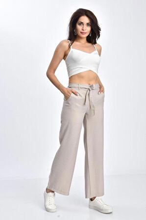 Belden Lastikli Kuşaklı Bol Paça Taş Keten Kadın Pantolon