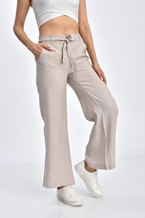 Belden Lastikli Kuşaklı Bol Paça Taş Keten Kadın Pantolon