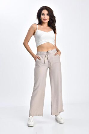 Belden Lastikli Kuşaklı Bol Paça Taş Keten Kadın Pantolon