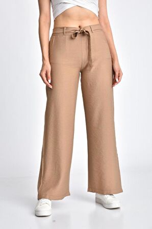 Belden Lastikli Kuşaklı Bol Paça Vizon Keten Kadın Pantolon