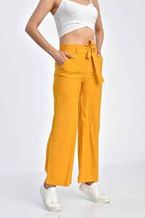 Belden Lastikli Kuşaklı Bol Paça Hardal Keten Kadın Pantolon