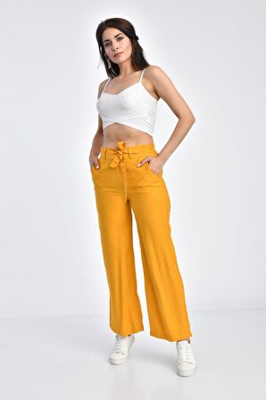Belden Lastikli Kuşaklı Bol Paça Hardal Keten Kadın Pantolon