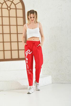Taş İşlemeli Bağcıklı Belden Lastikli Kırmızı Kadın Pantolon