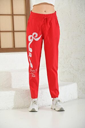 Taş İşlemeli Bağcıklı Belden Lastikli Kırmızı Kadın Pantolon