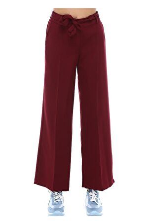 Kuşaklı Bol Paça Bordo Kadın Pantolon