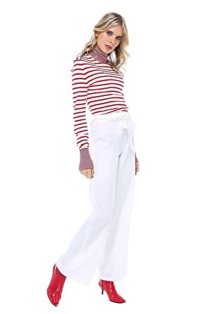Kuşaklı Bol Paça Beyaz Kadın Pantolon