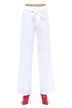 Kuşaklı Bol Paça Beyaz Kadın Pantolon