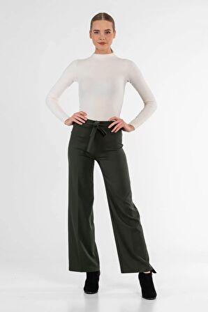 Kuşaklı Bol Paça Haki Kadın Pantolon