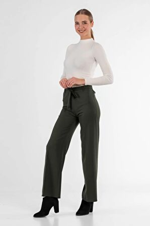 Kuşaklı Bol Paça Haki Kadın Pantolon